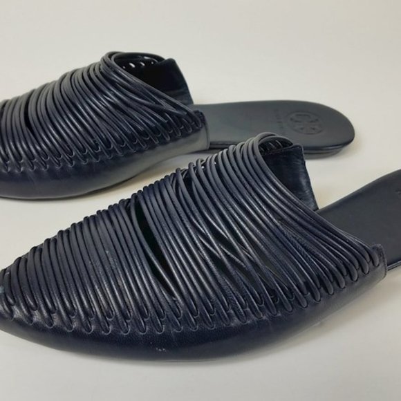 TORY BURCH Sienna Woven Leather Pointy Toe Mule Shoes Slip on Navy Blue 8 - Picture 8 of 9